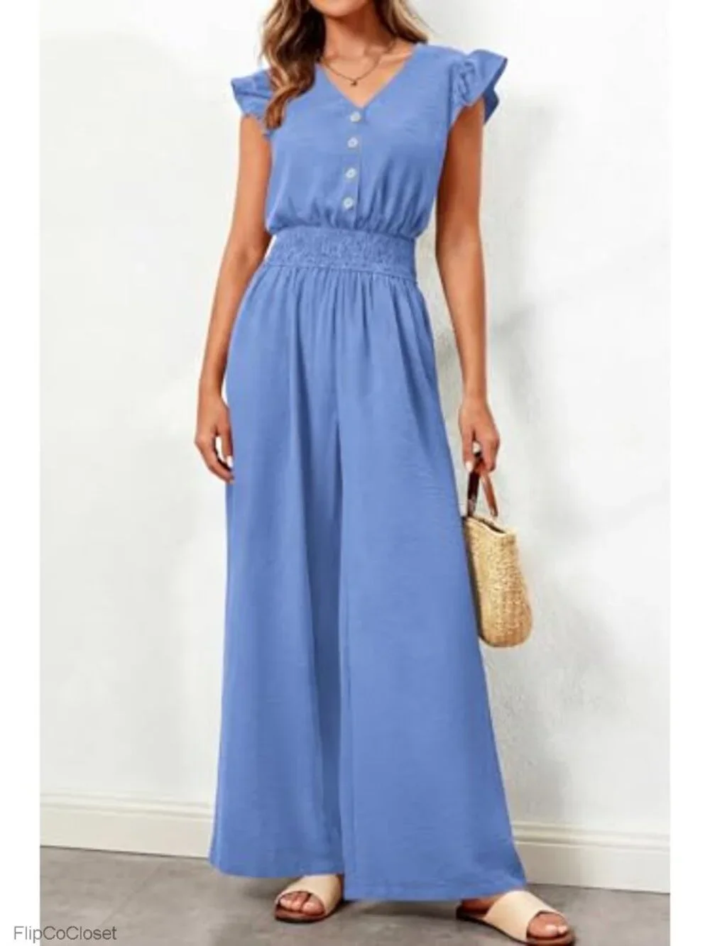 Womens Ruffle Cap Sleeve V Neck Button Smocked Wide Leg Jumpsuit Romper